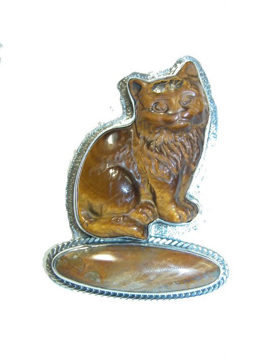 30198 Tiger Eye Cat with Natural Agate Sterling Silver Pin and Pendant