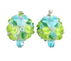 Green Floral Carved Glass Beaded Earrings