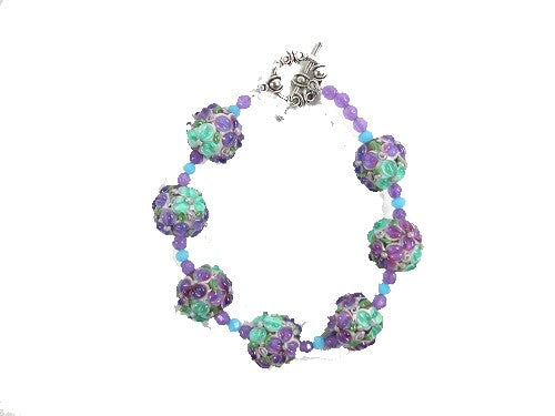 Purple Floral Carved Glass Beaded Sterling Silver Toggle Clasp Bracelet