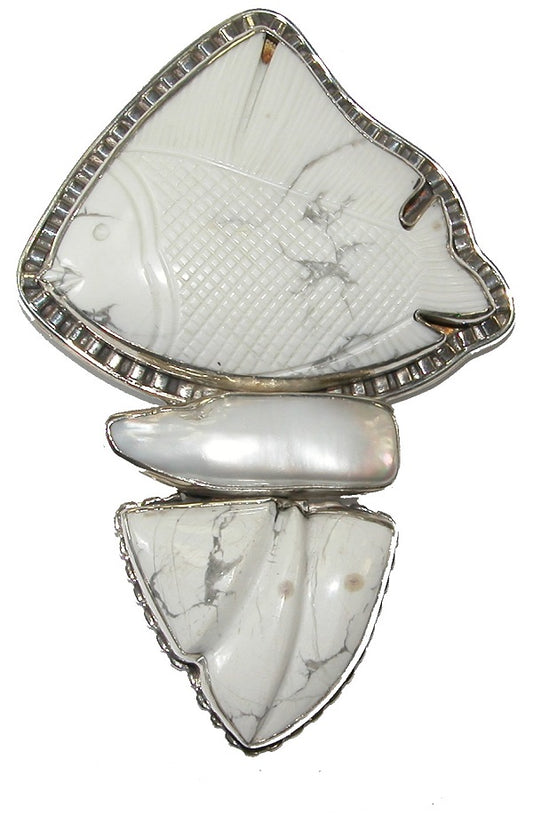 19940 Carved Howlite Fish Freshwater Pearl Sterling Silver Pin Pendant