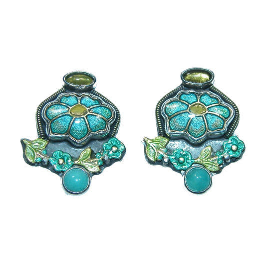 Amazonite Vesuvianite Enamel Flower Sterling Silver Earring