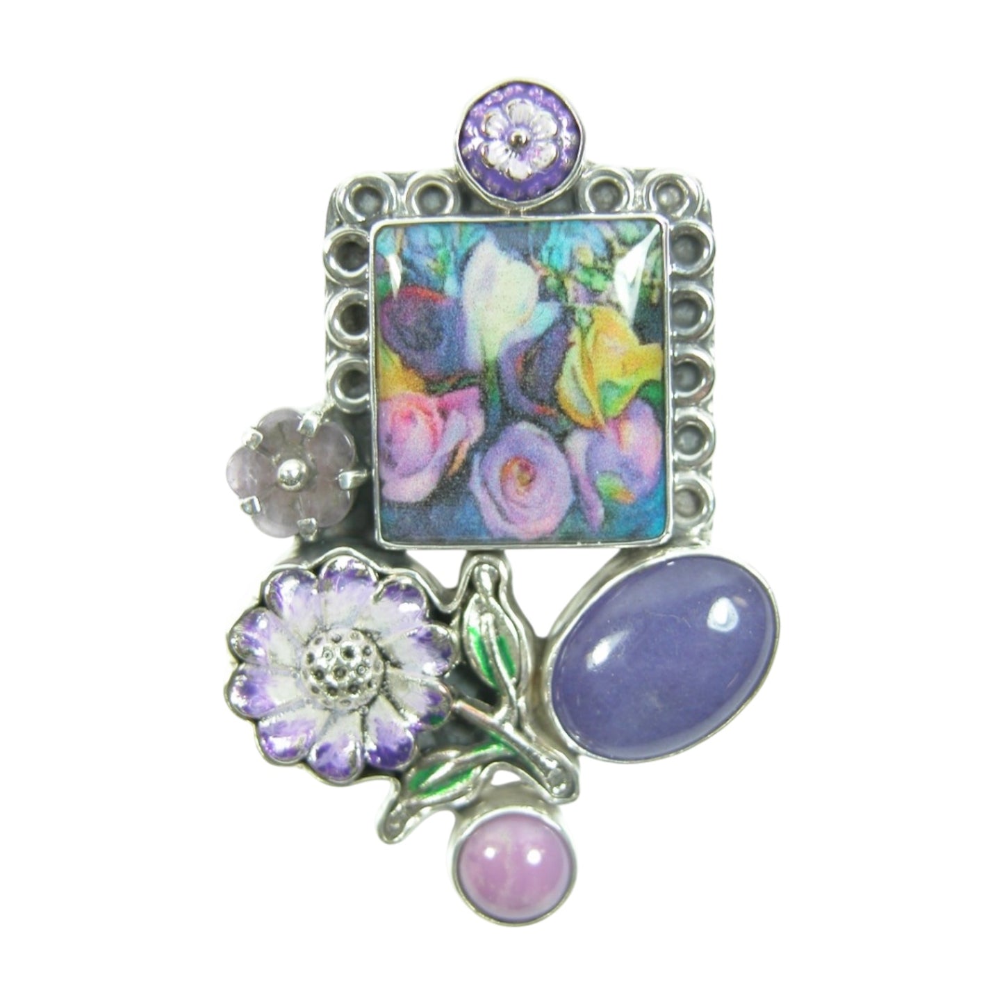 30741 Enameled Flower Tile Phosphosiderite Quartz Sterling Silver Pin and Pendant