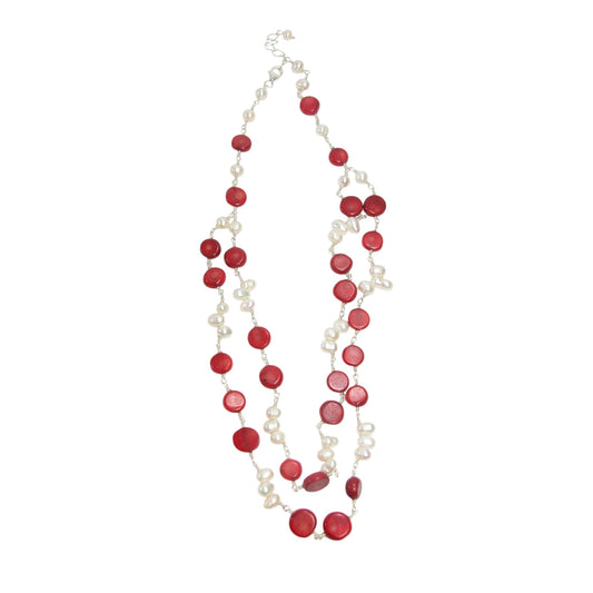 Fresh Water Pearl and Red Stone 2 Strand Necklace