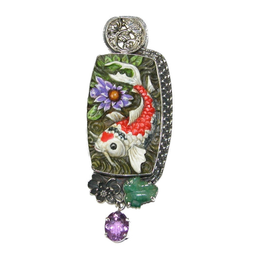 Carved Koi Fish on Scrimshaw with Carved Jade Sterling Silver Pin Pendant