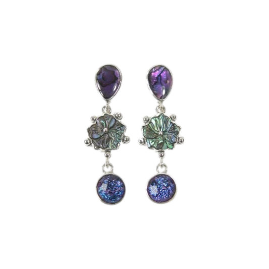 Abalone Carved Flower Glass Sterling Silver Dangle Earring