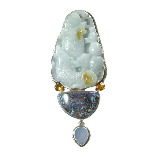 Hand Carved Jade Fish Boulder Opal Sterling Silver Pin Pendant