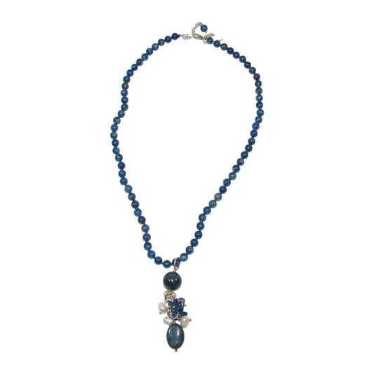 Blue Lapis, Freshwater Pearl Sterling Silver Beaded Necklace