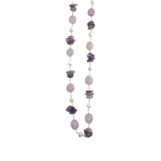 Amethyst, Pearl Sterling Silver Beaded Necklace
