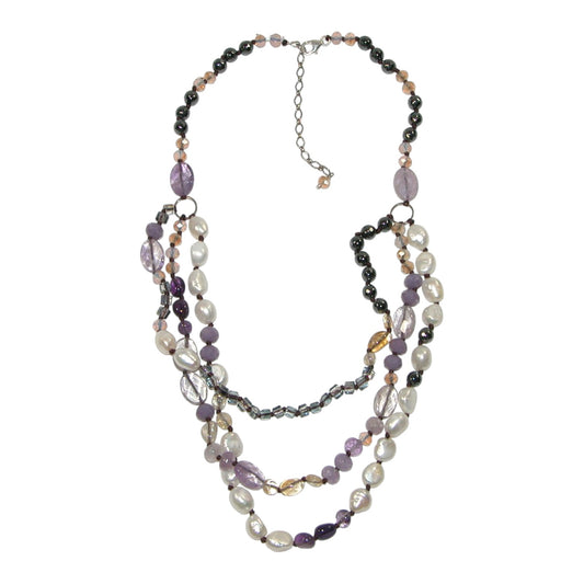 Amethyst, Citrine, Hematite, Freshwater Pearl Beaded Sterling Silver Necklace