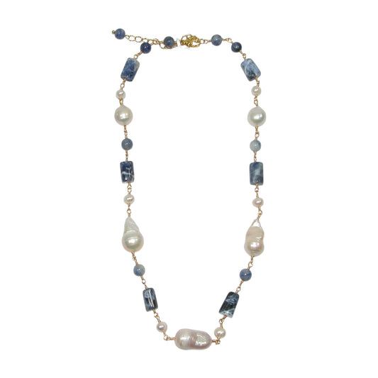 Sodalite, Freshwater Pearl Beaded Sterling Silver Necklace
