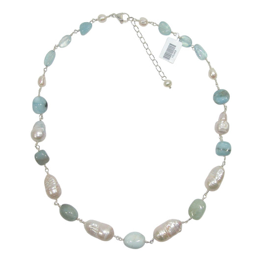Aquamarine, Pearl Sterling Silver Beaded Necklace
