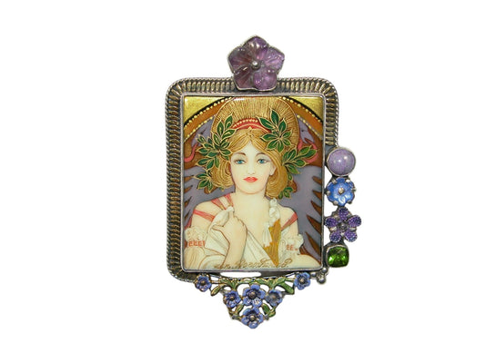 Hand Painted Miniature on Onyx with Amethyst Sterling Pin