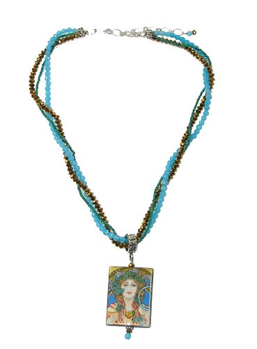Russian Hand Painted Lady Onyx Crystal Pendant Necklace