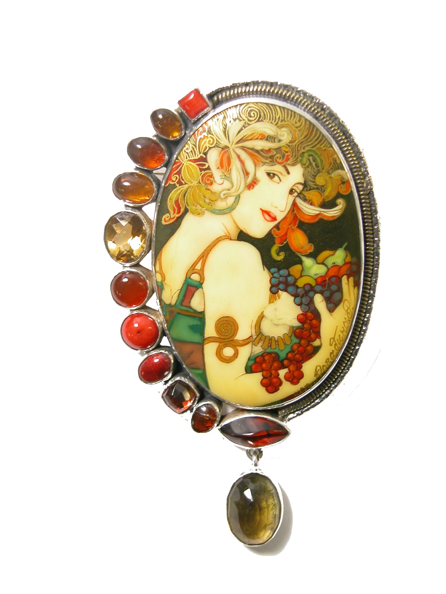 34539 Painted Miniature Mucha Sterling Silver Pin Pendant