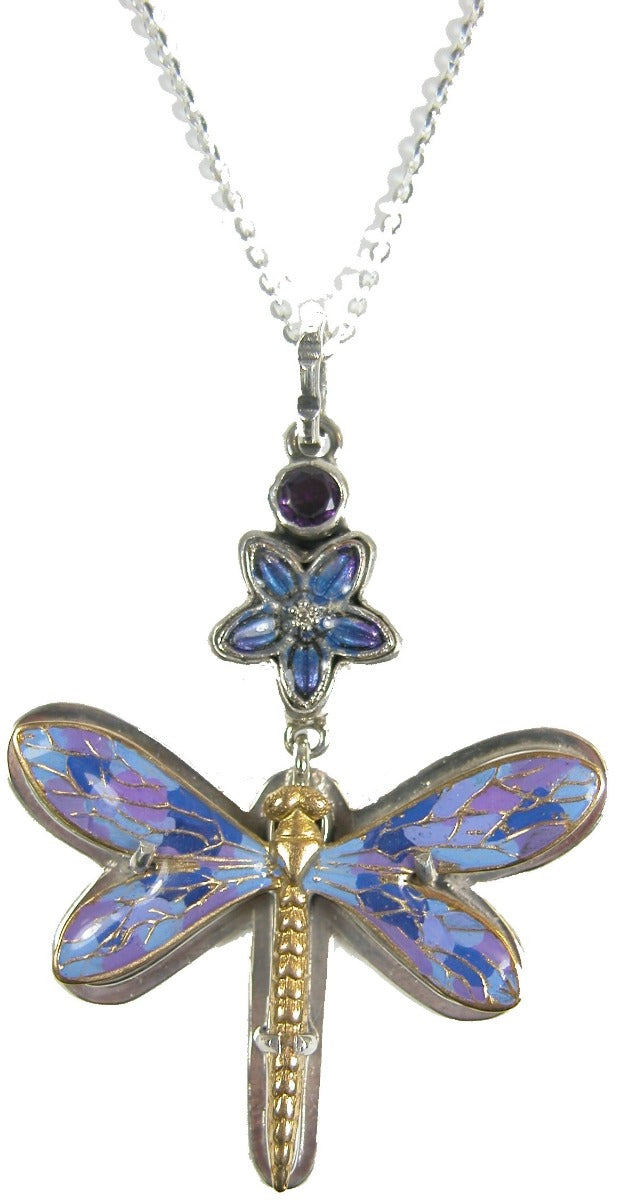 Amethyst Purple Hand Painted Enamel Dragonfly Pendant Sterling Silver Necklace