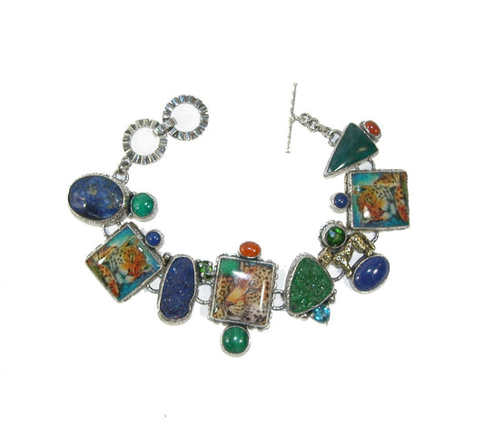 Leopard Tile Malachite Azurite Lapis Hessonite Uvarovite Sterling Silver Bracelet