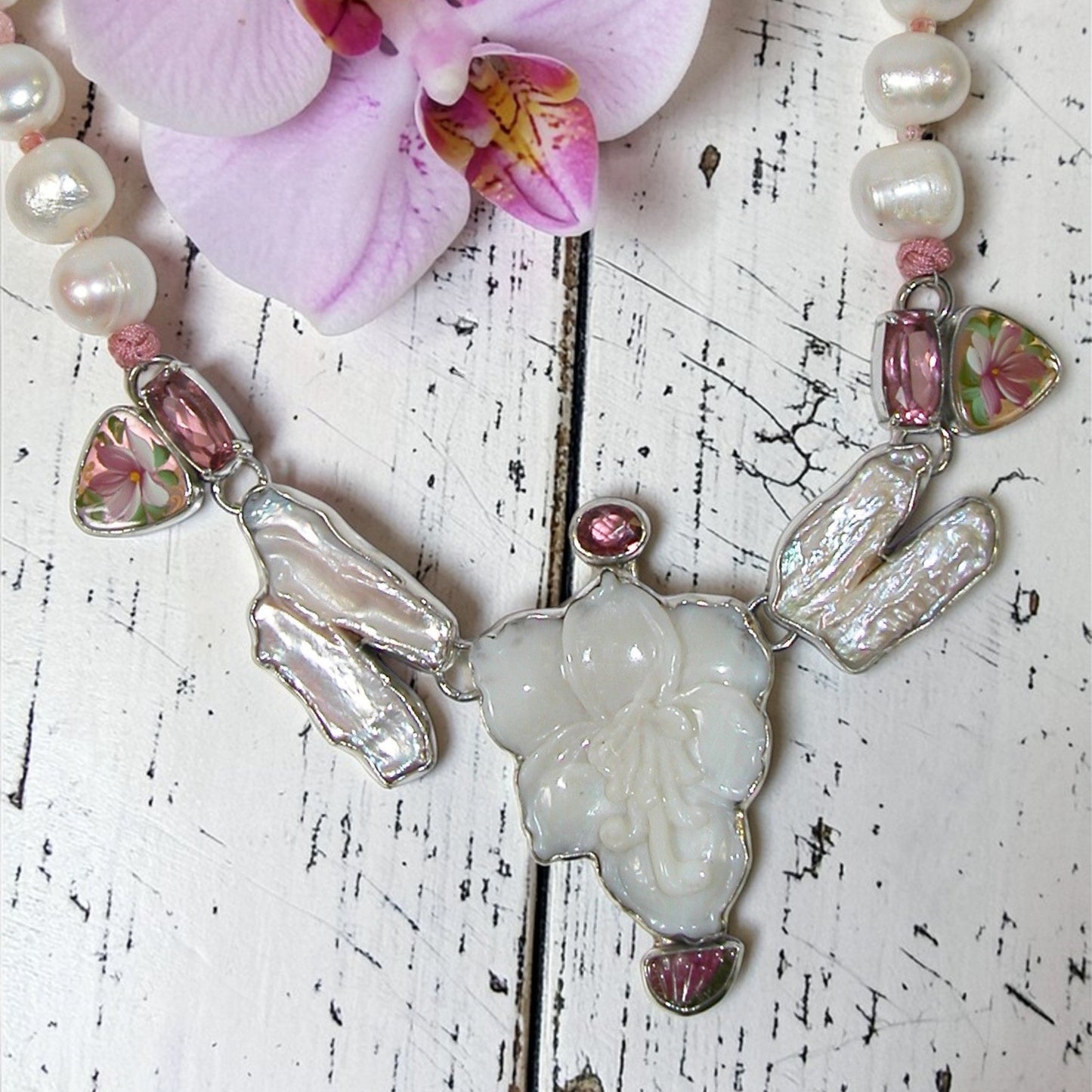 39600 Hand-Carved Opal Floral, Freshwater Pearl, Pink Quartz Necklace