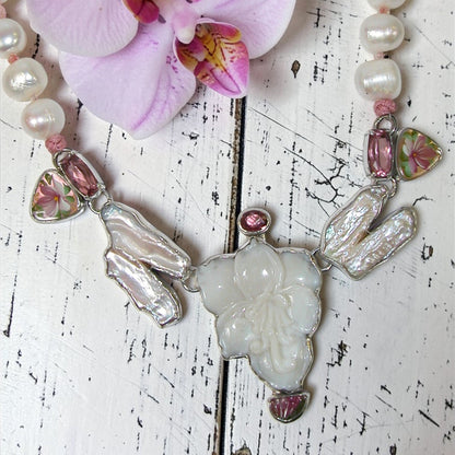 39600 Hand-Carved Opal Floral, Freshwater Pearl, Pink Quartz Necklace