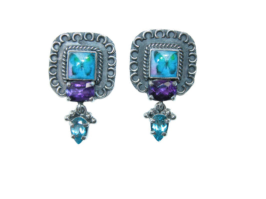 30602 Amethyst Blue Topaz Hand Made Tile Sterling Silver Earrings