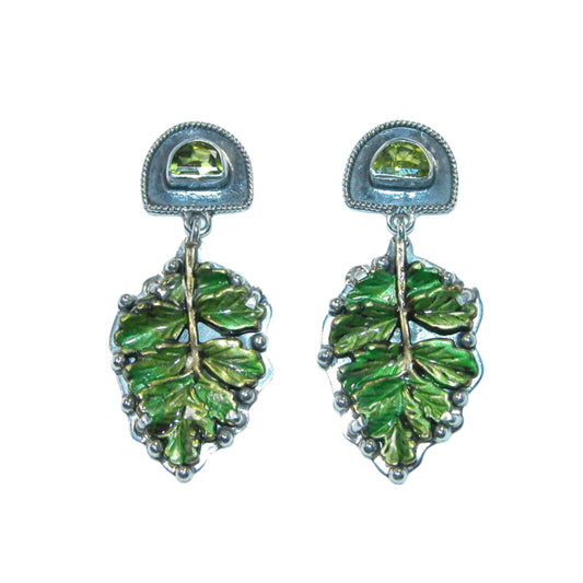 T1057 Peridot Green Hand Enameled Leaf Sterling Silver Drop Earrings