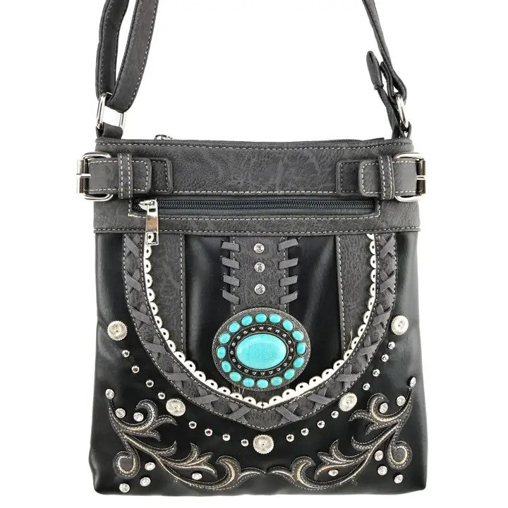 Western Style Crossbody Black with Faux Turquoise GF5102