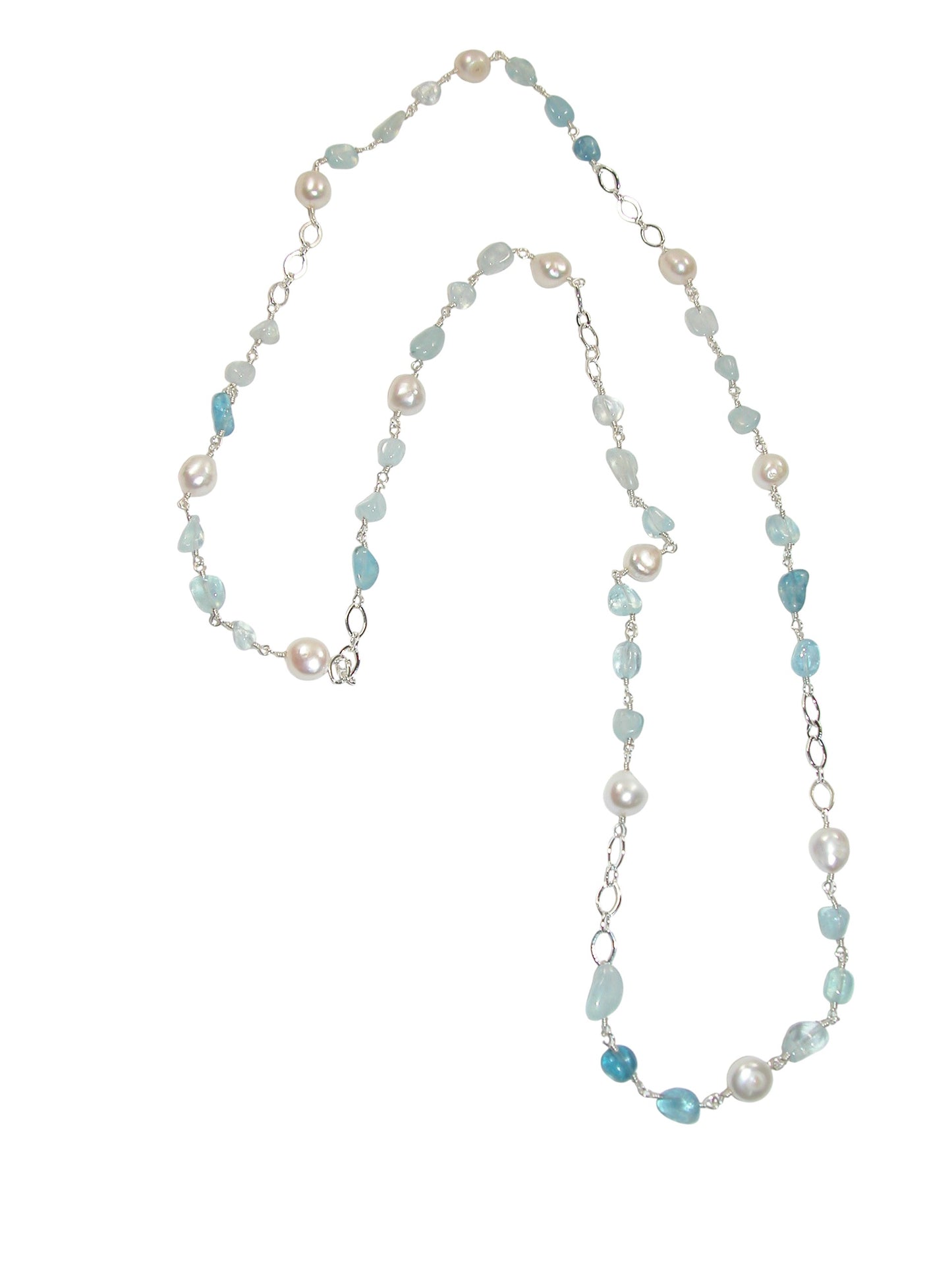 N5489 Aquamarine Pearl Long Necklace with Chain