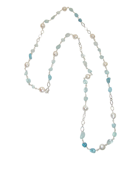 N5489 Aquamarine Pearl Long Necklace with Chain