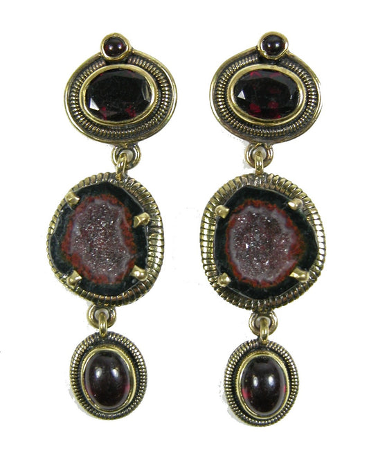 6773E Garnet and Natural Geode on Brass Dangle Drop Earring