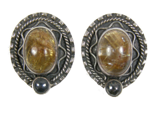 Rutilated Quartz and Chalcopyrite on Sterling Silver Earring