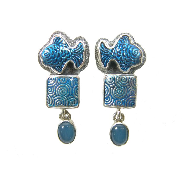 Hand Painted Enamel Blue Onyx Earring