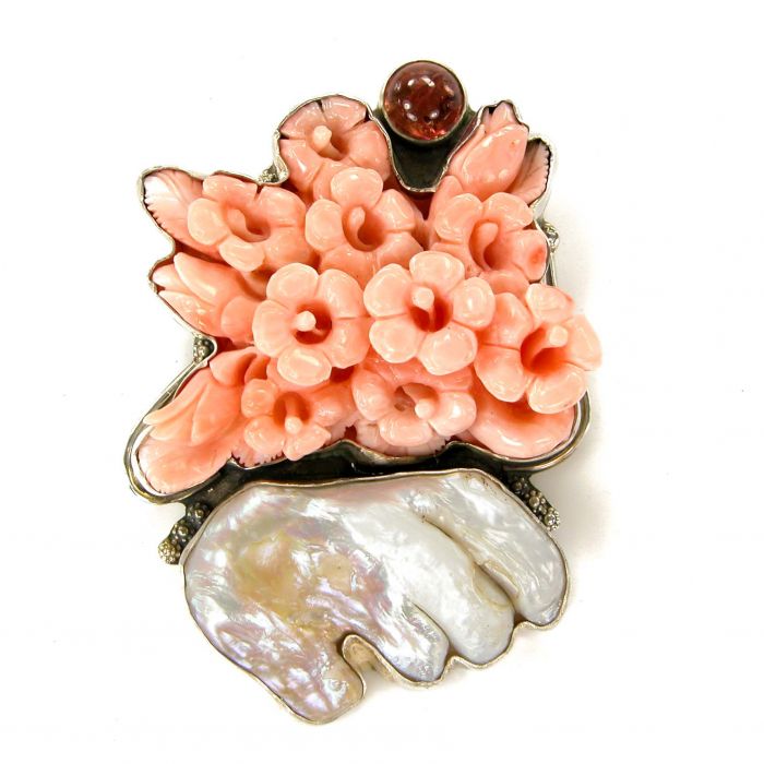 ONE OF A KIND Hand Carved Coral Freshwater Tourmaline Sterling Silver Pin Pendant